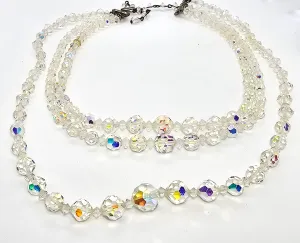 Austrian Crystal tiered vintage three strand Aurora borealis graduated beaded necklace