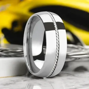 BALDWYN | Silver Tungsten Ring, Braided Palladium 950 Inlay, Domed