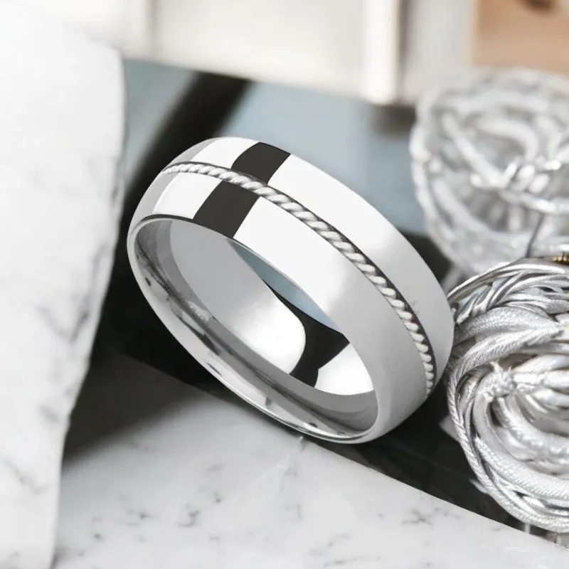 BALDWYN | Silver Tungsten Ring, Braided Palladium 950 Inlay, Domed