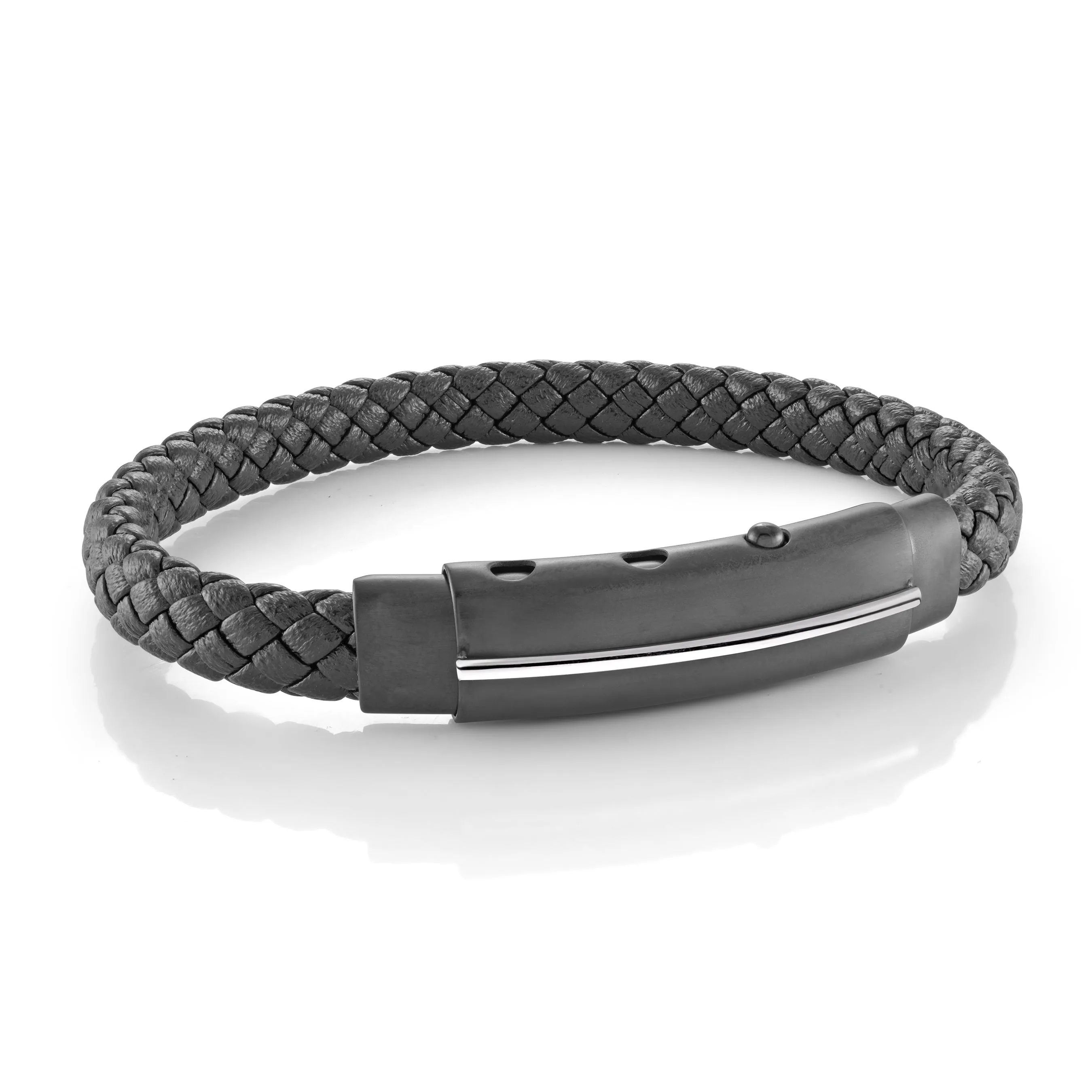 Black 3 Way Clasp Lined Plate Black Leather Bracelet