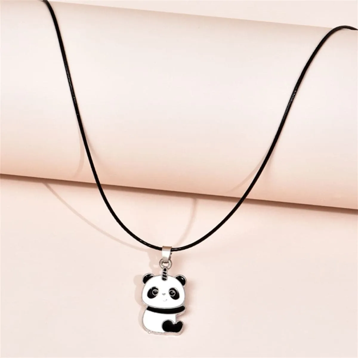 Black & Silver-Plated Panda Pendant Necklace