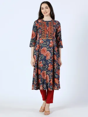 Blue Cotton Printed Kurta with Embroidered Neck and Mirror Work