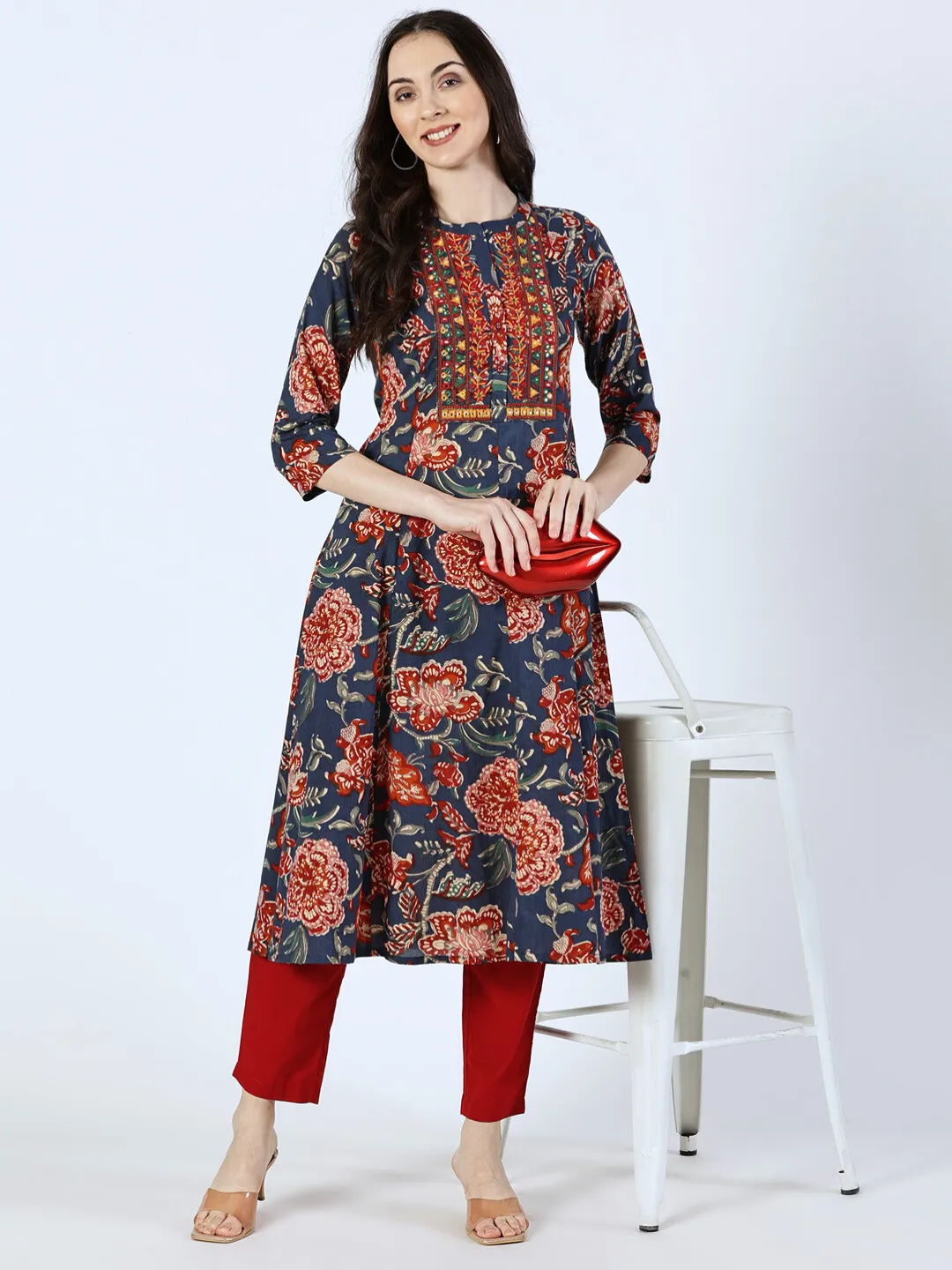 Blue Cotton Printed Kurta with Embroidered Neck and Mirror Work