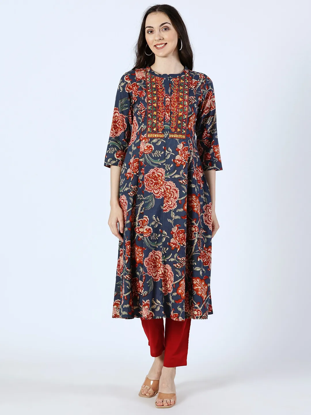 Blue Cotton Printed Kurta with Embroidered Neck and Mirror Work
