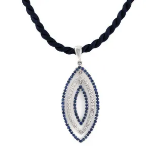Blue Sapphire & Round Diamond Pendant In 18k White Gold with Swirl Chord Necklace