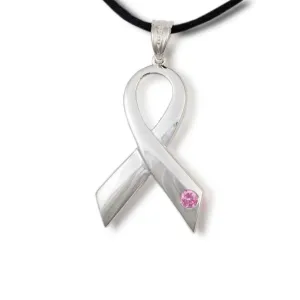Breast Cancer Ribbon Cremation Pendant Necklace - Polished Sterling Silver