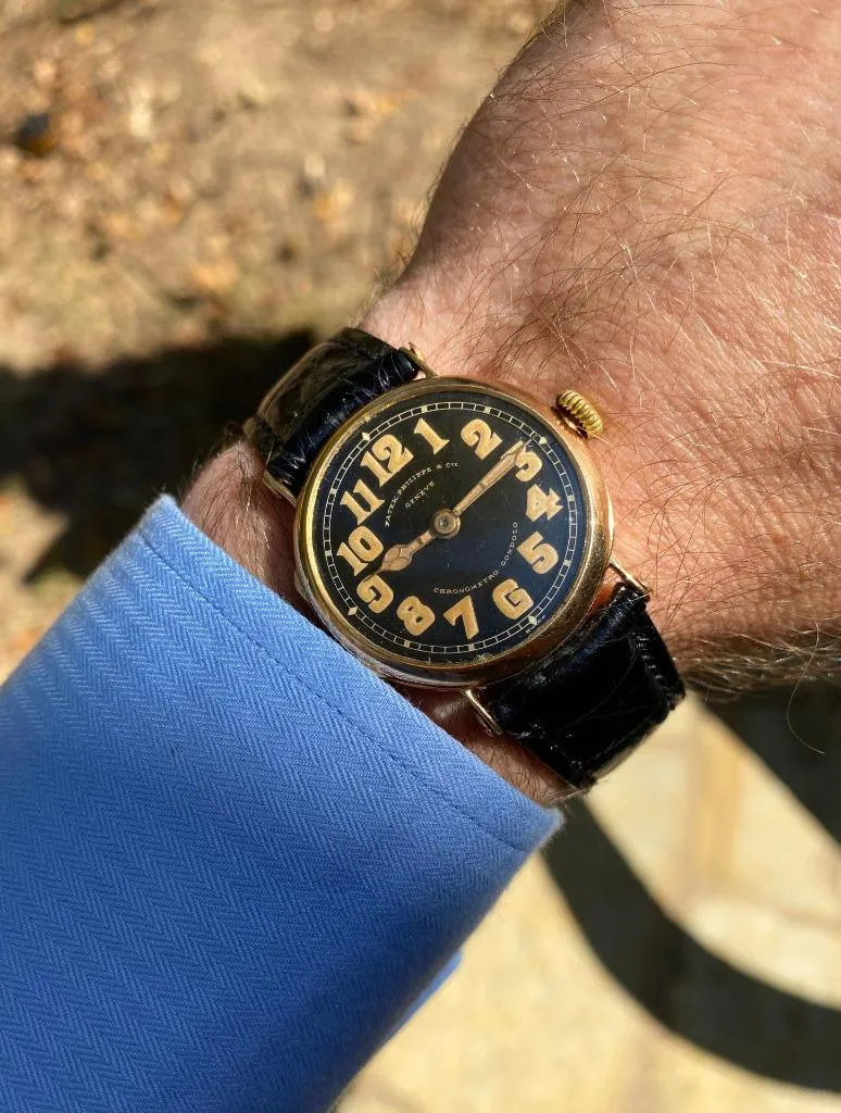 c. 1907 Patek Philippe "Officers Style" Vintage Mens Chronometro Gondolo Watch - 18K Gold