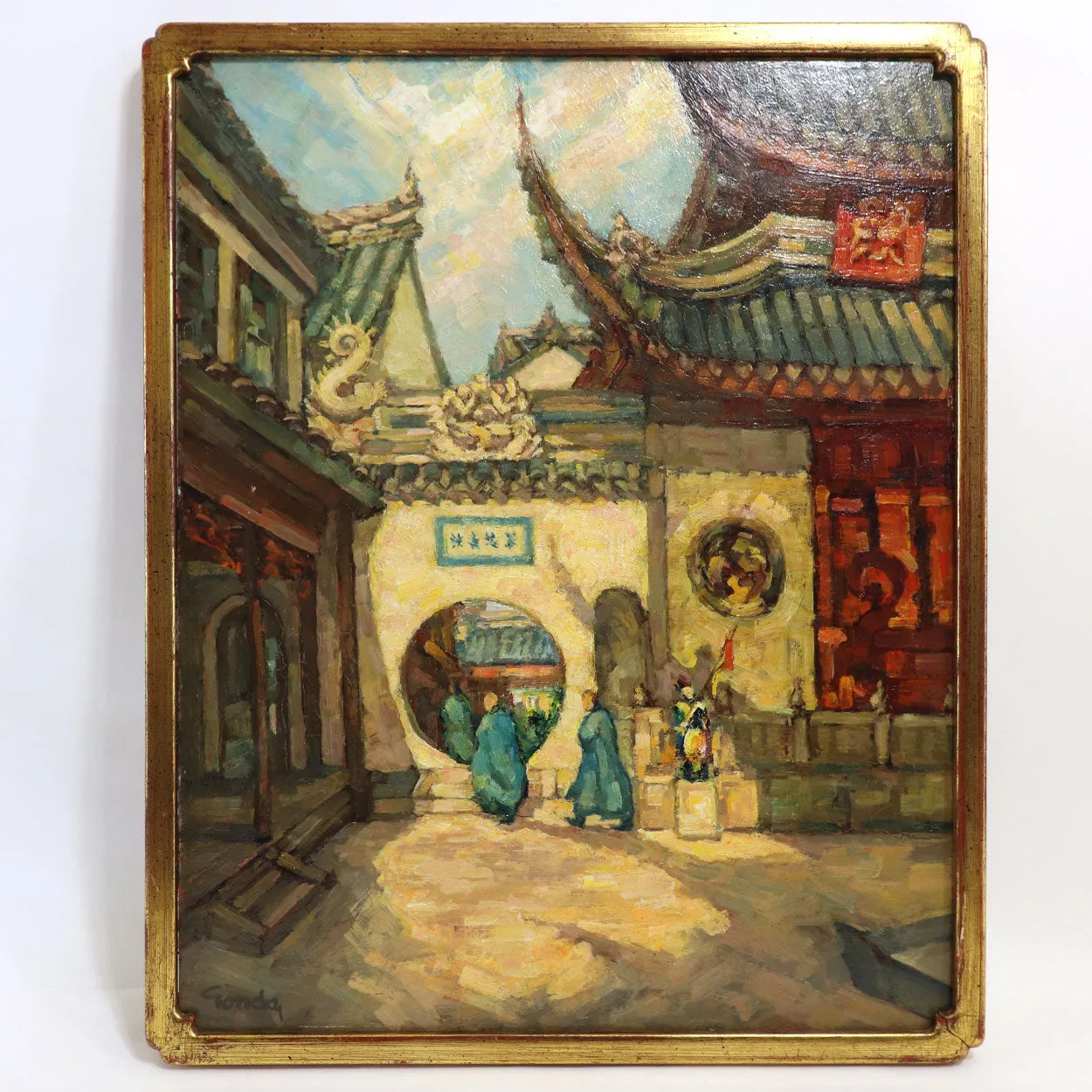 CHARLES HENRY GONDA Oil on Hardboard Painting, Temple at Hangchow, China