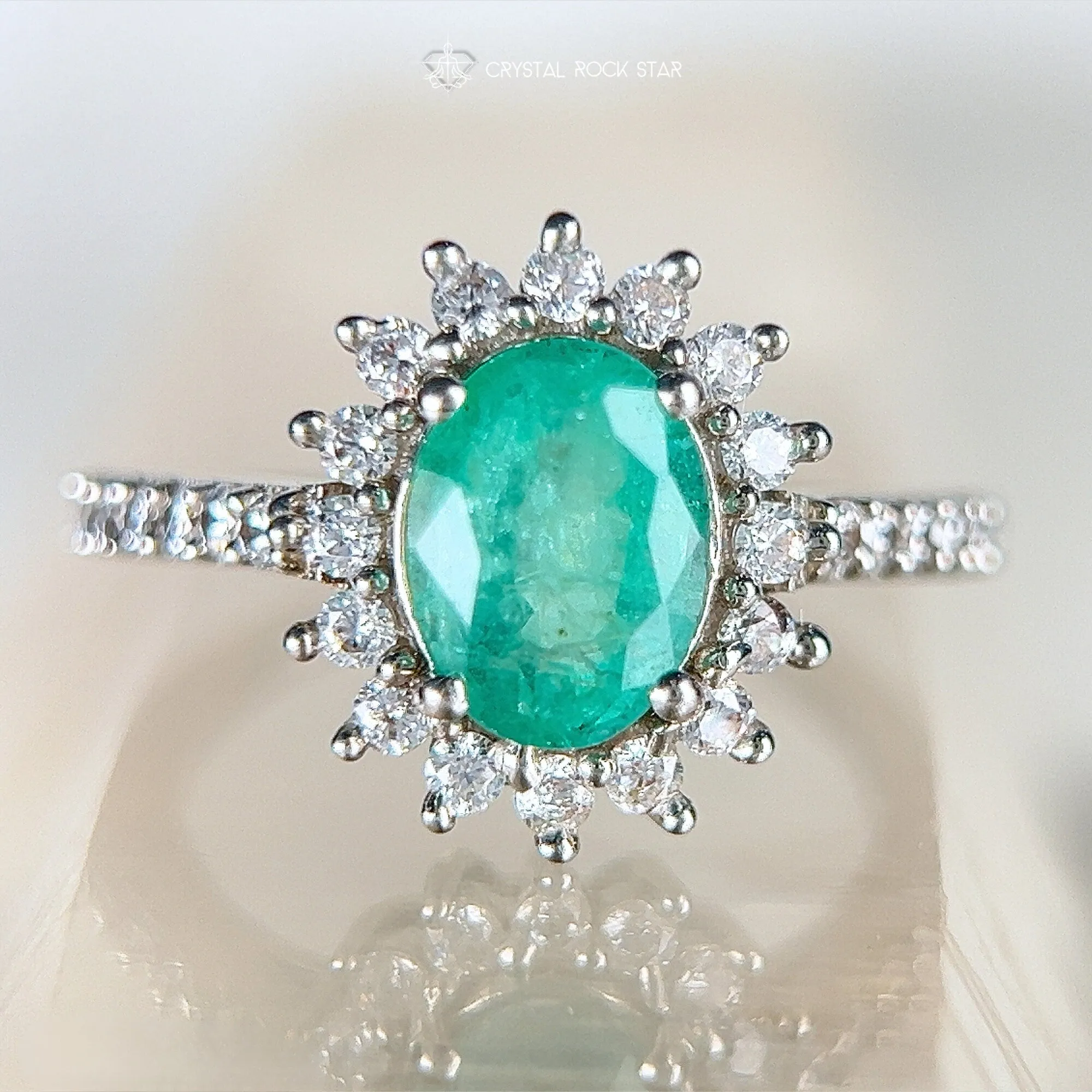 Columbian Emerald Star Halo Silver Ring Size 5
