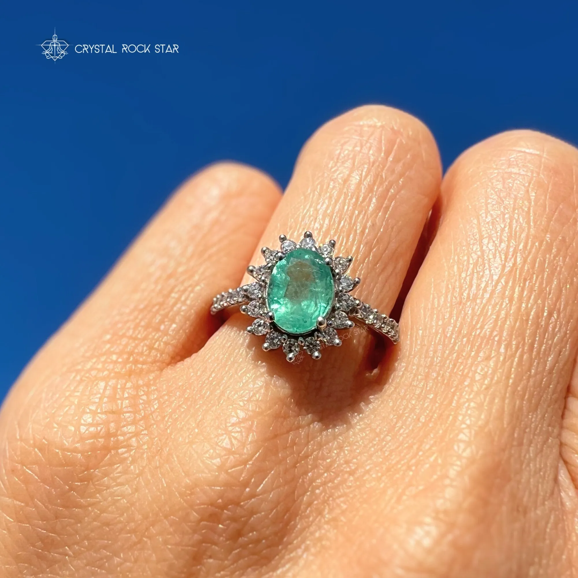 Columbian Emerald Star Halo Silver Ring Size 5