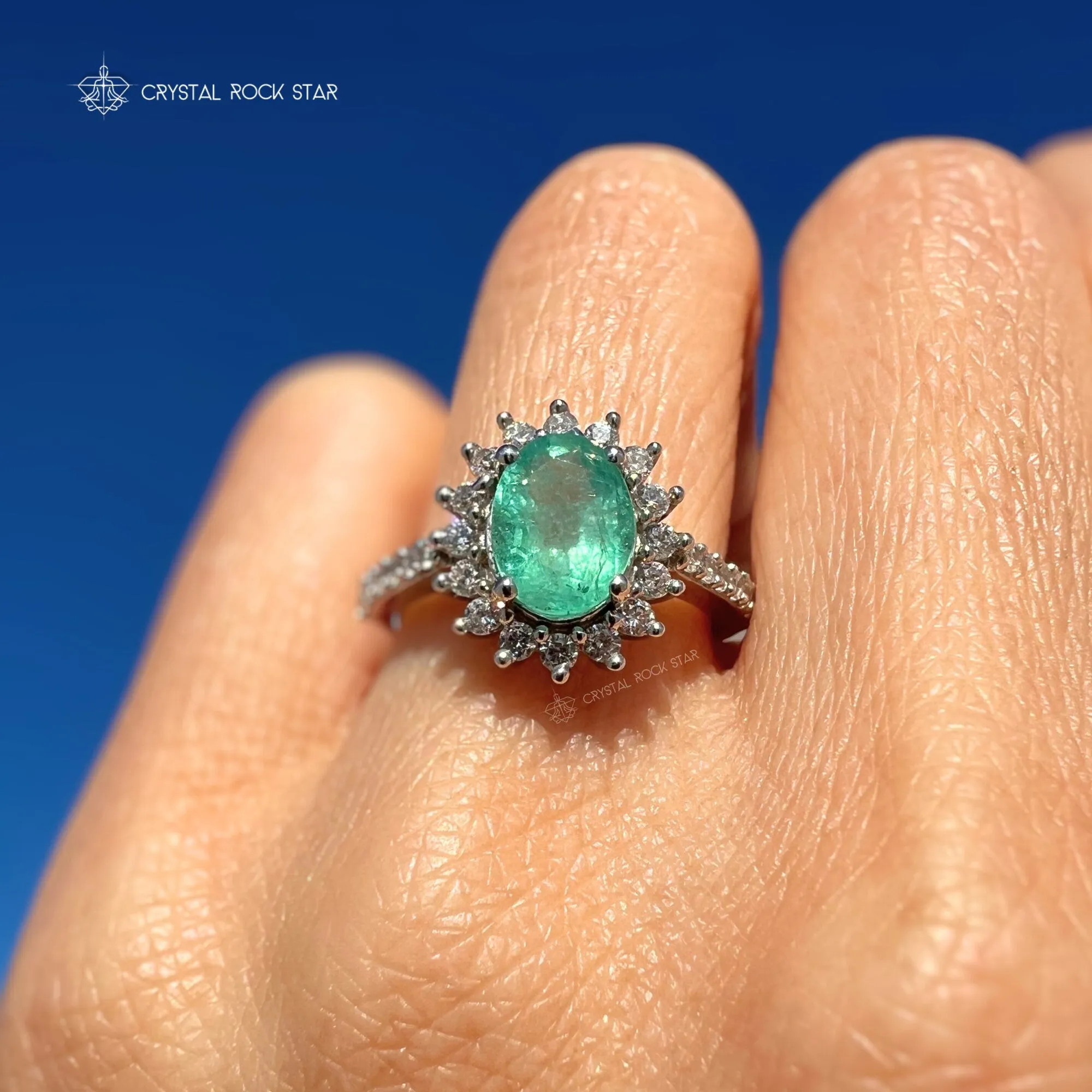 Columbian Emerald Star Halo Silver Ring Size 5