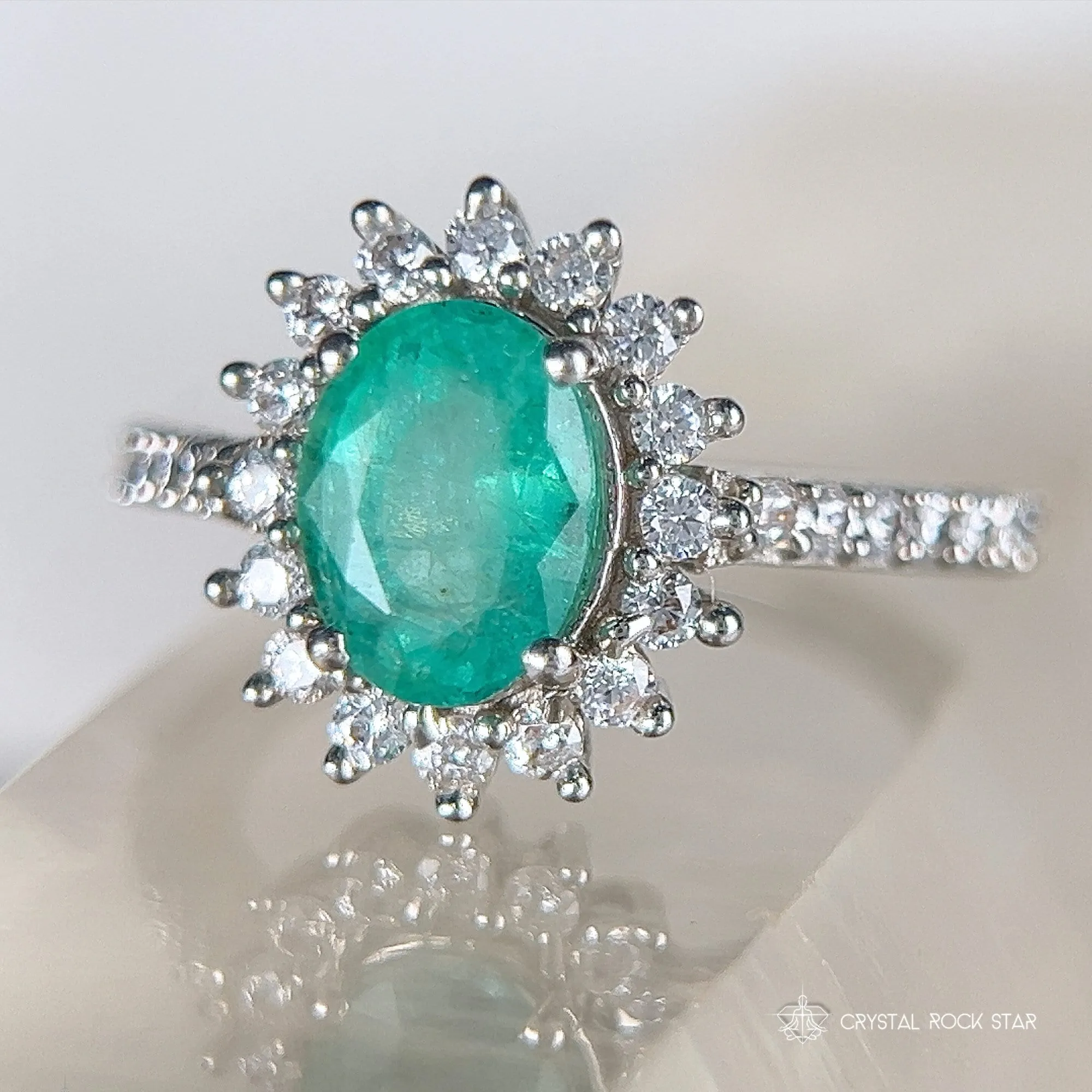 Columbian Emerald Star Halo Silver Ring Size 5