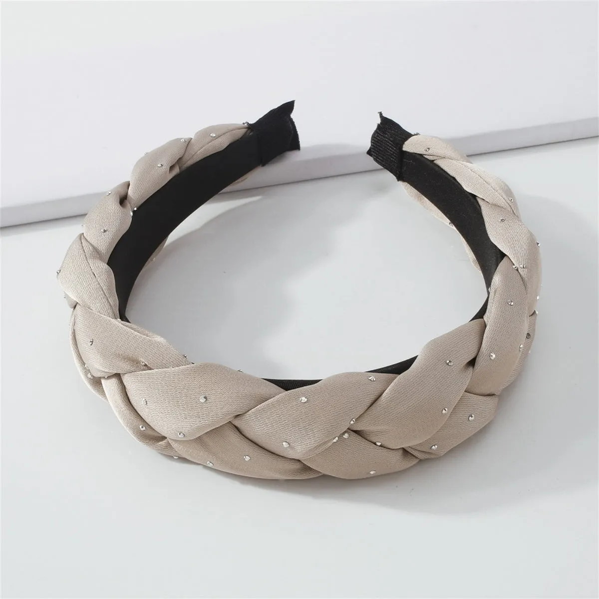 Cubic Zirconia & Khaki Braided Hard Headband