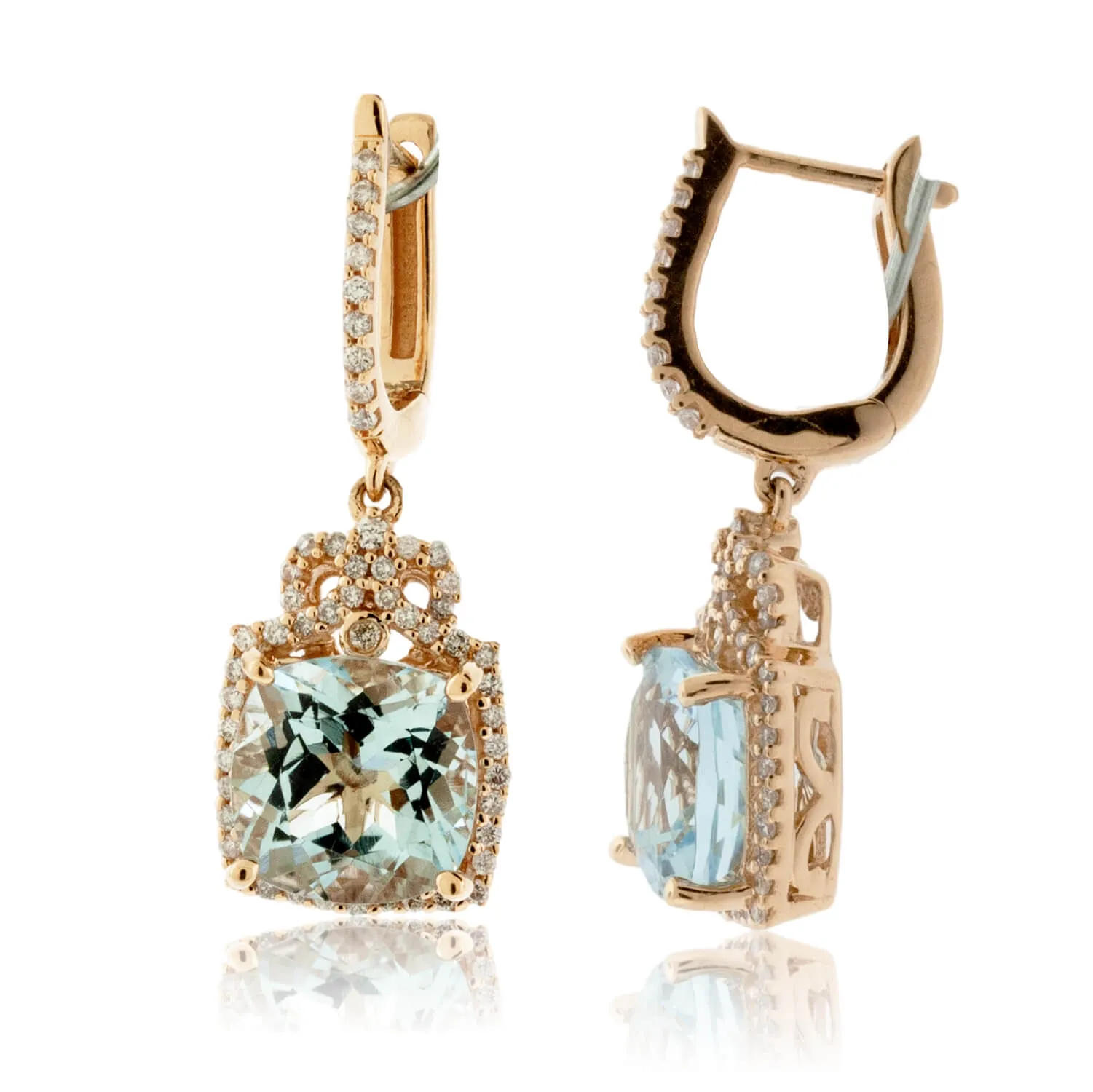 Cushion Shaped Aquamarine Drop Diamond Halo Earrings
