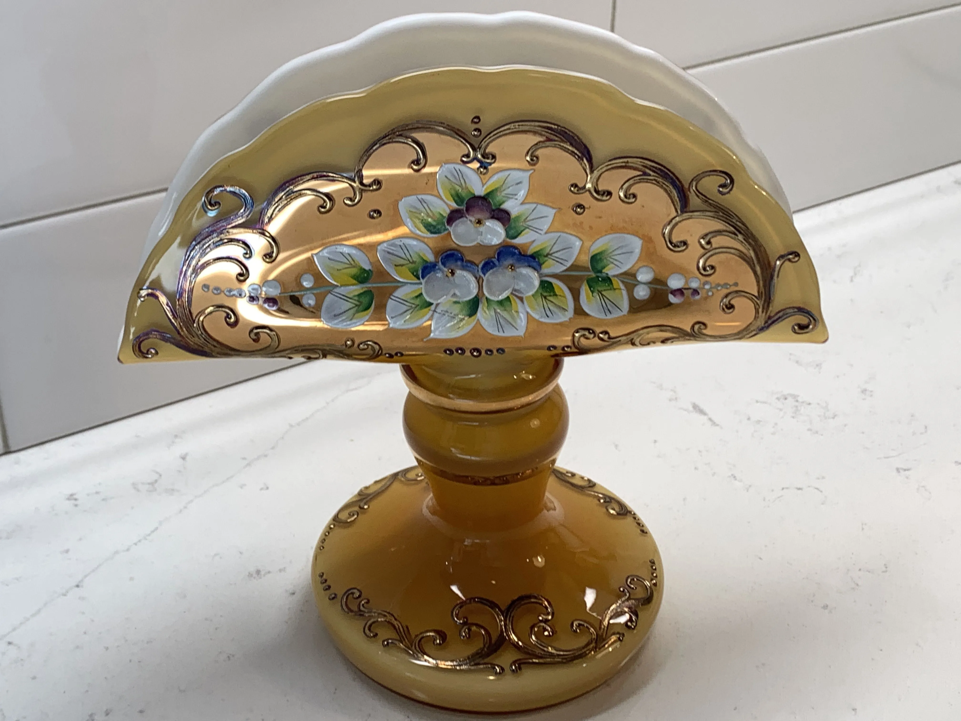 Czech Bohemian Egermann 24K Gold Encrusted Enameled Yellow Art Glass Napkin Holder Ash Tray
