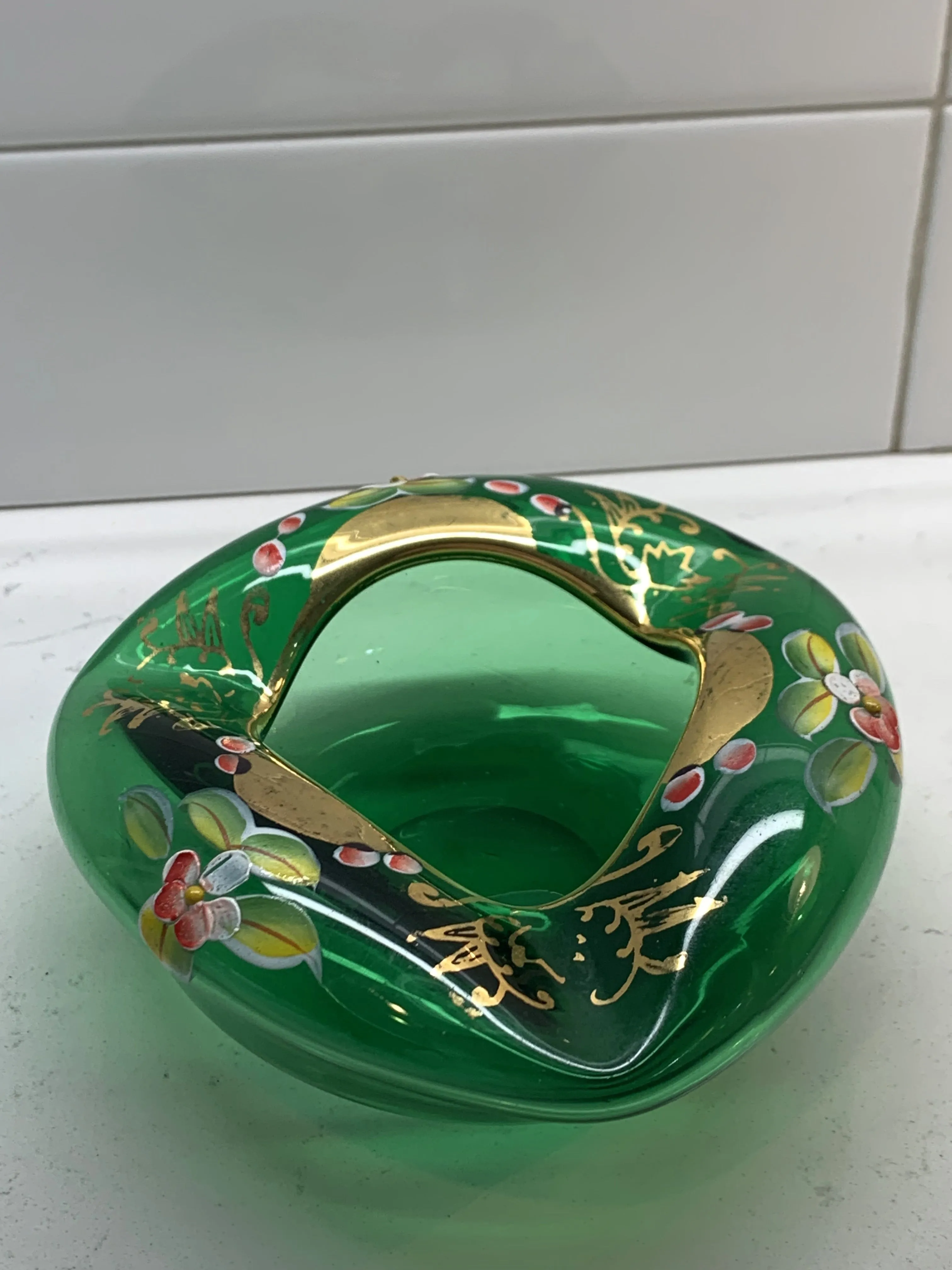 Czech Bohemian Egermann 24K Gold Encrusted Enameled Yellow Art Glass Napkin Holder Ash Tray