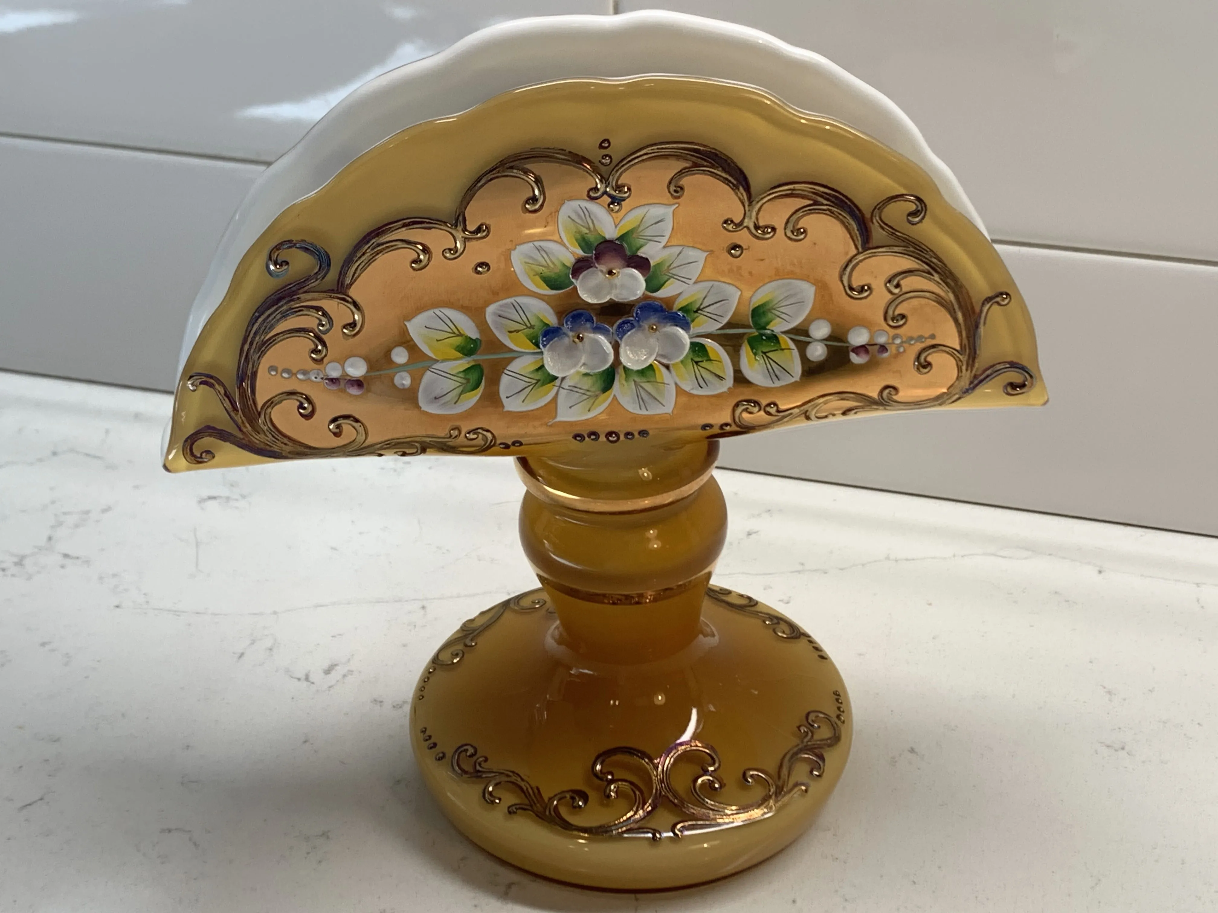 Czech Bohemian Egermann 24K Gold Encrusted Enameled Yellow Art Glass Napkin Holder Ash Tray