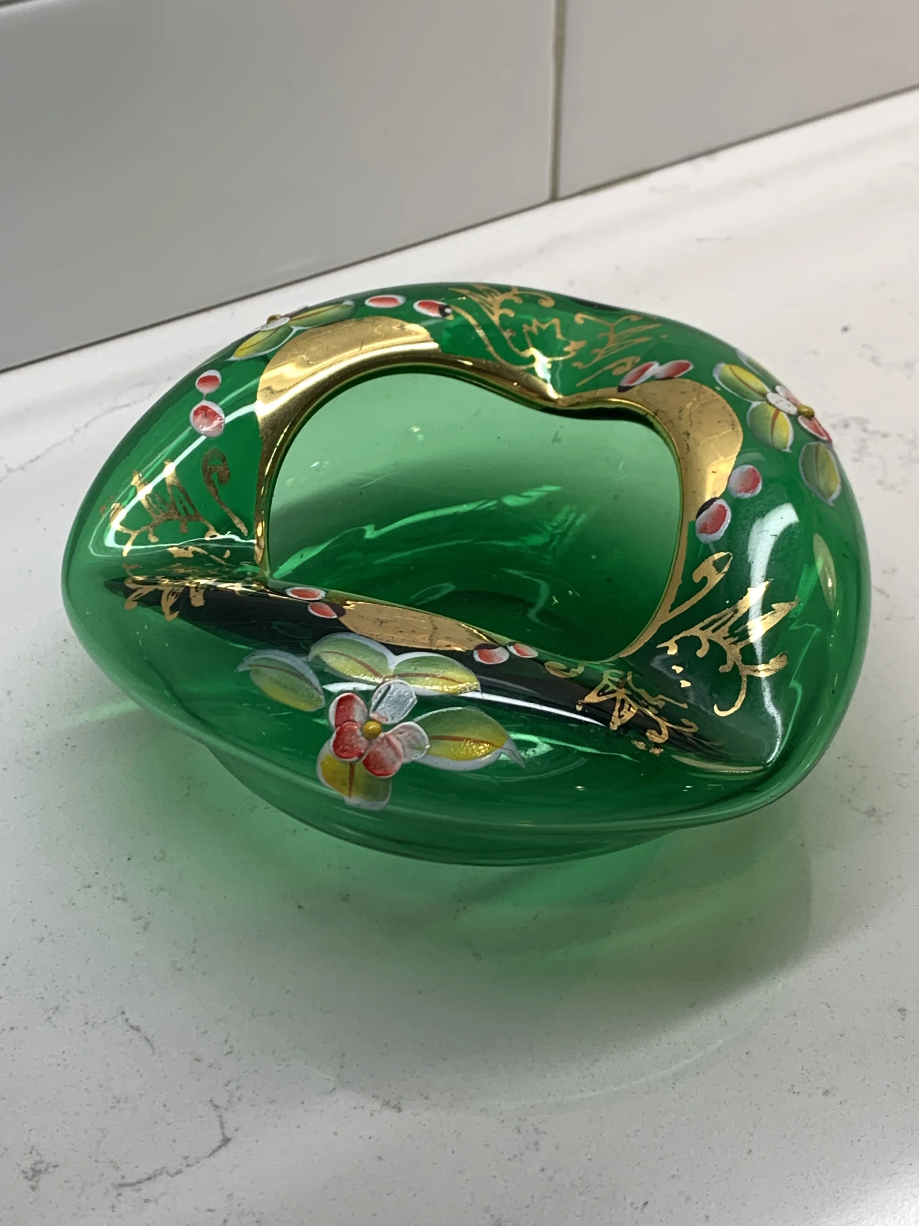 Czech Bohemian Egermann 24K Gold Encrusted Enameled Yellow Art Glass Napkin Holder Ash Tray