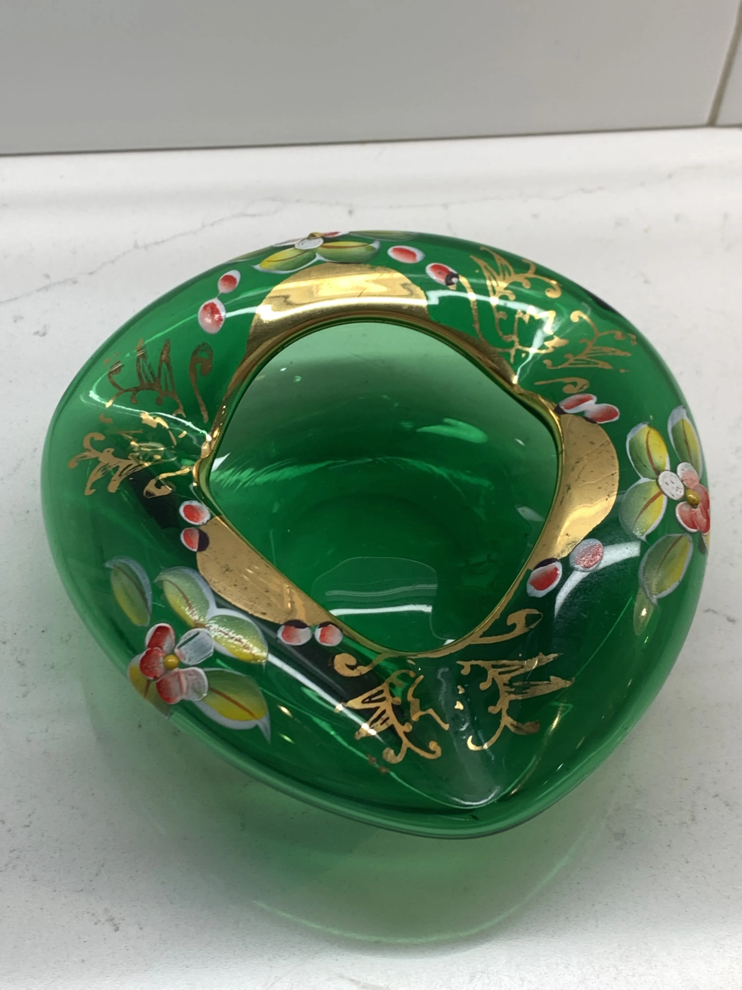 Czech Bohemian Egermann 24K Gold Encrusted Enameled Yellow Art Glass Napkin Holder Ash Tray