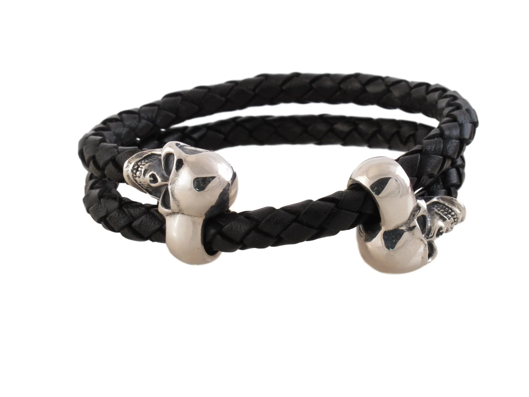 #DB-01 Double Skull Sterling and Leather Bracelet