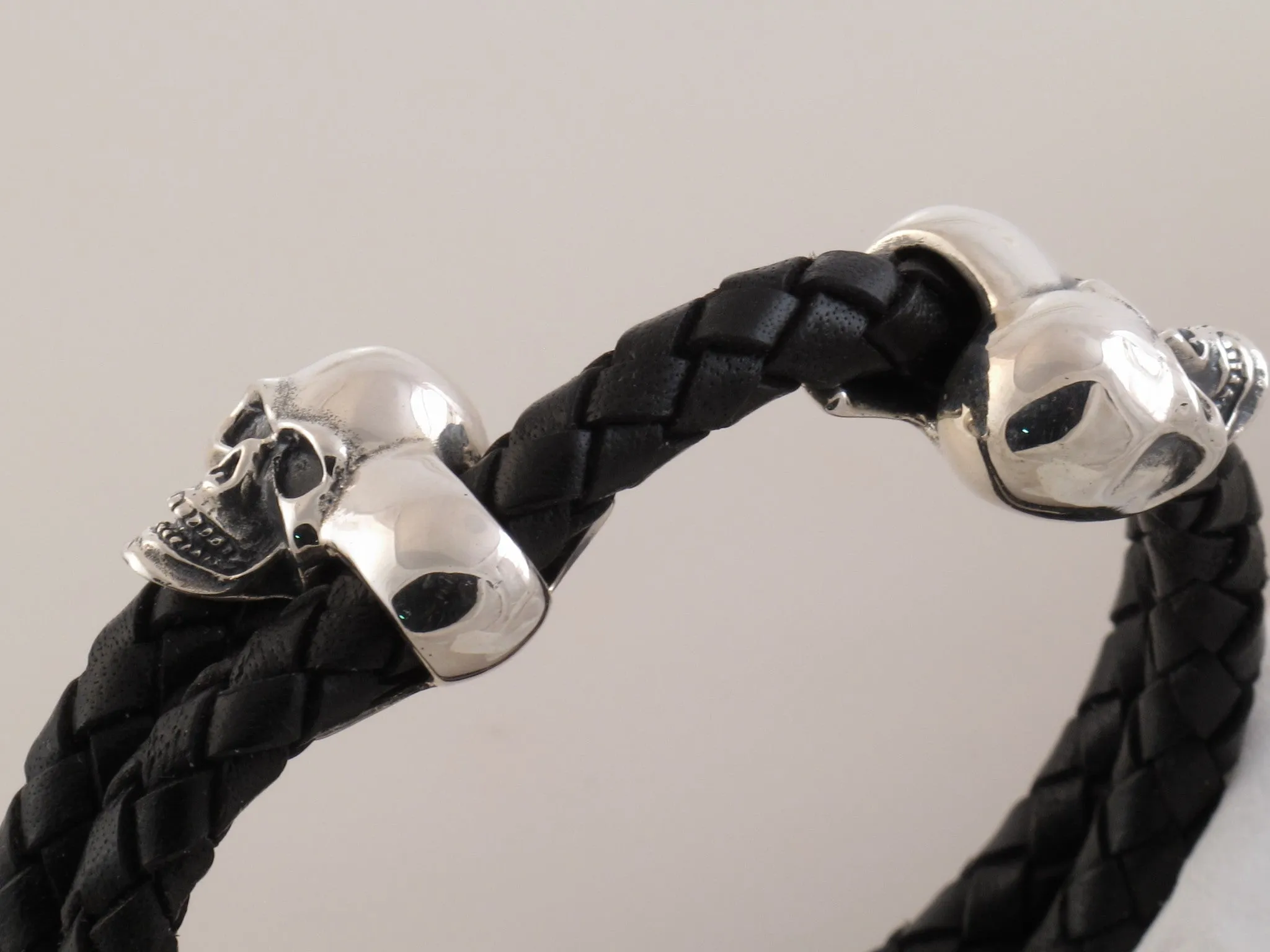 #DB-01 Double Skull Sterling and Leather Bracelet
