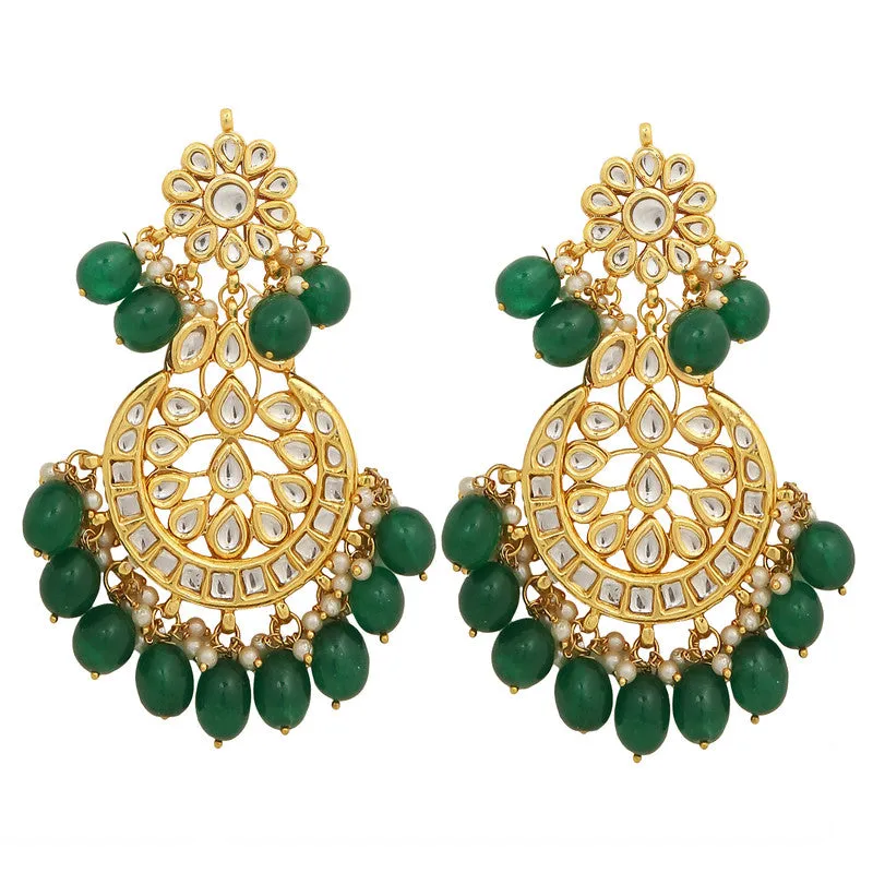 Designer Dark Green and Golden Kundan Earrings and Maang Tikka Set