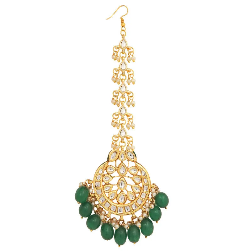 Designer Dark Green and Golden Kundan Earrings and Maang Tikka Set