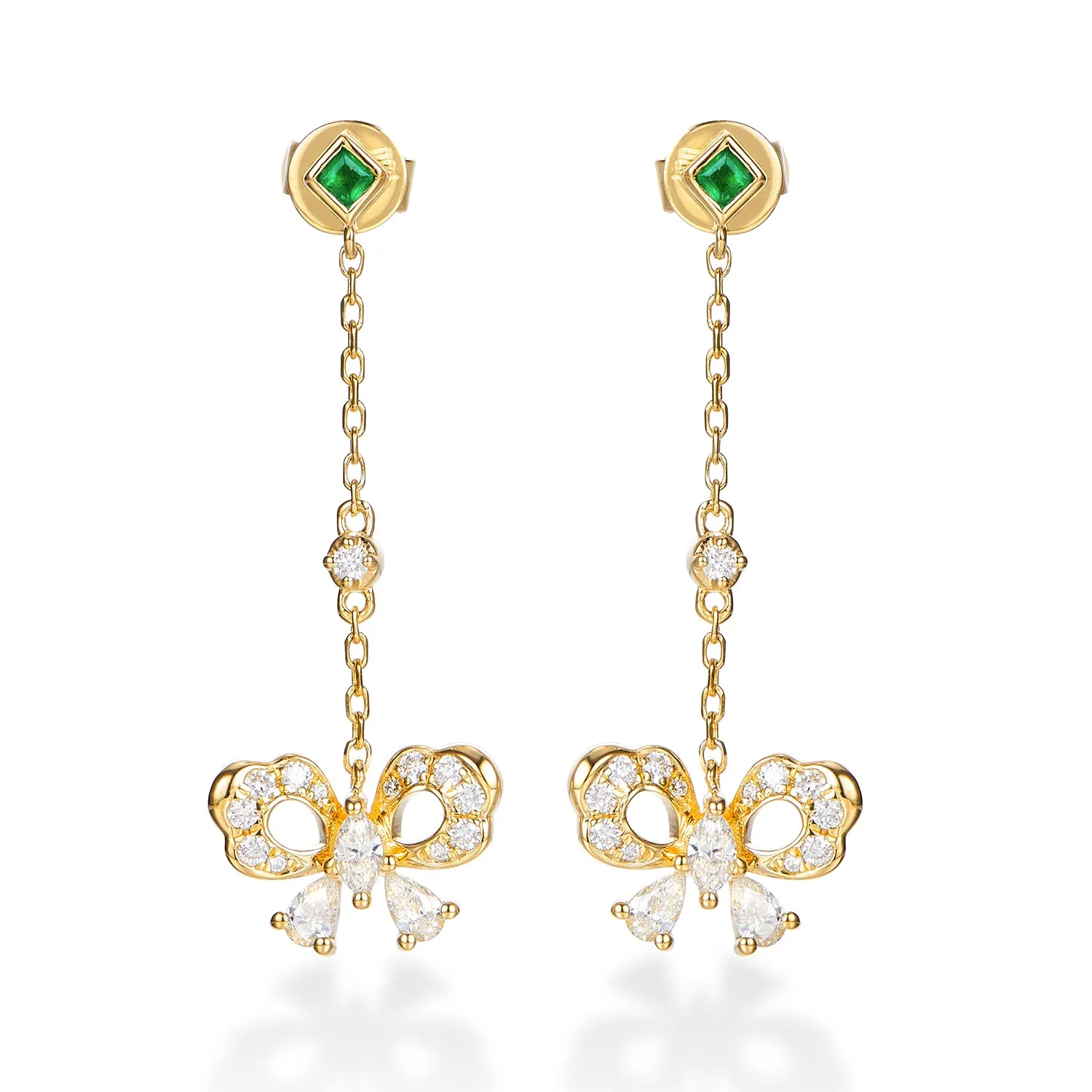 Diamond and Emerald Butterfly Dangle Earrings