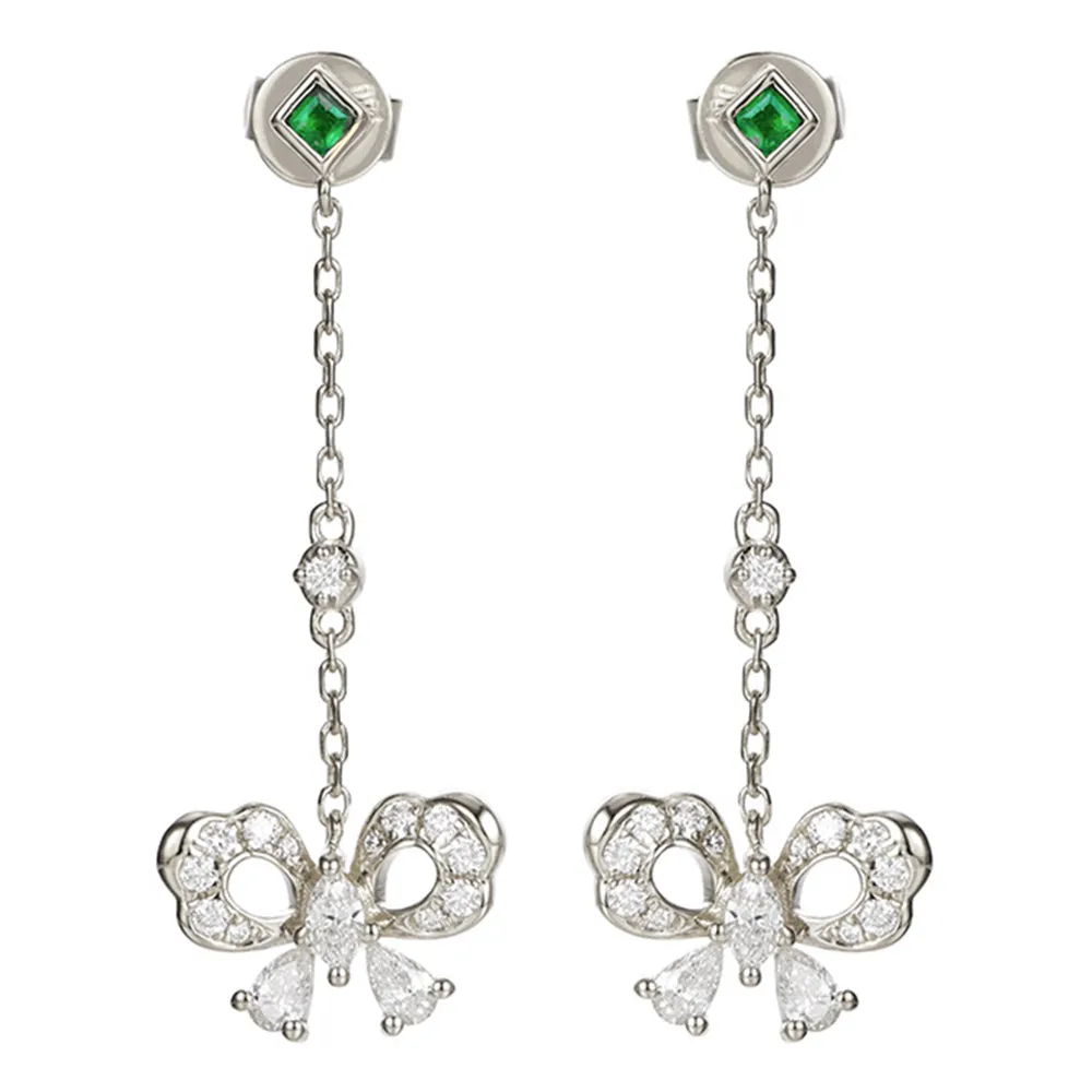 Diamond and Emerald Butterfly Dangle Earrings