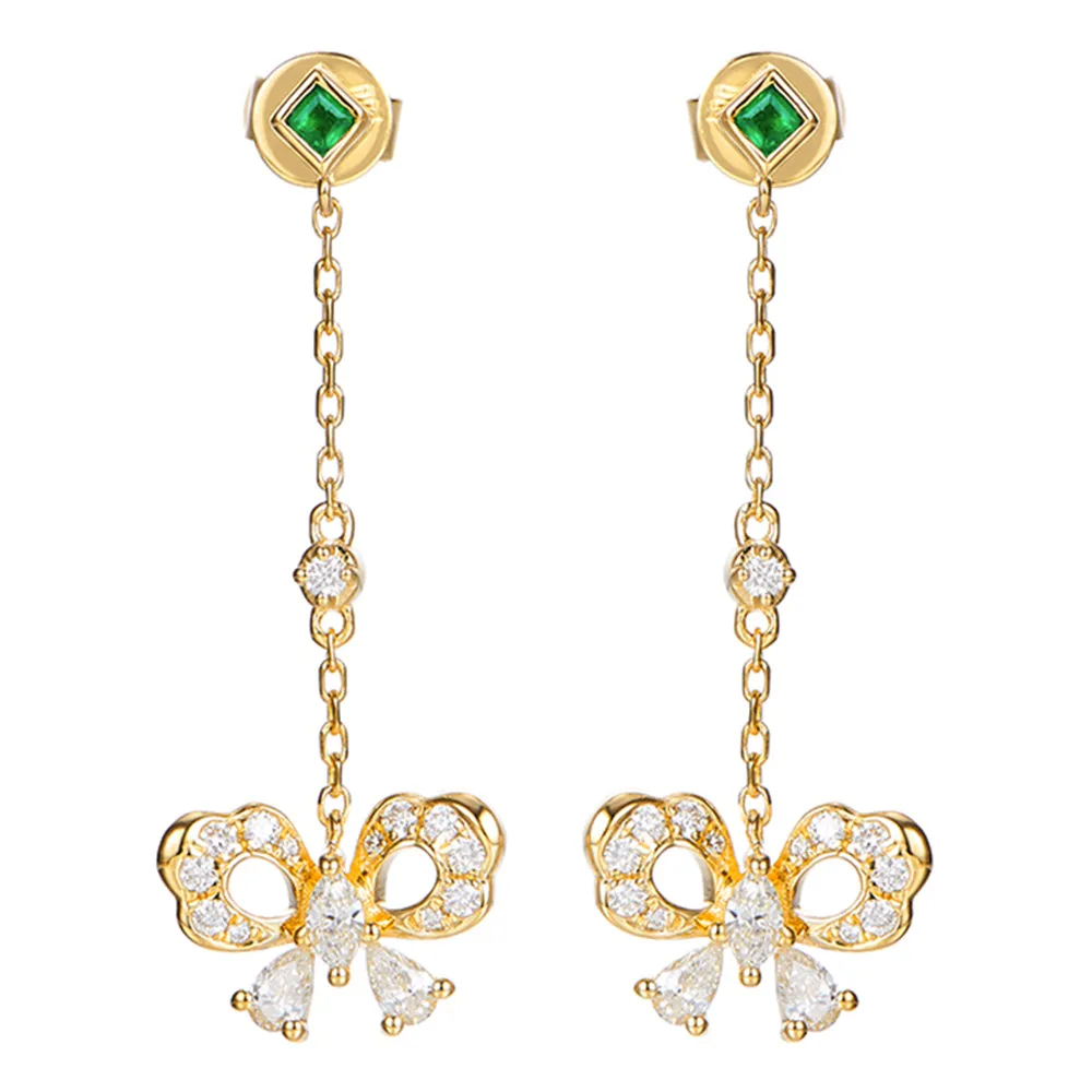 Diamond and Emerald Butterfly Dangle Earrings