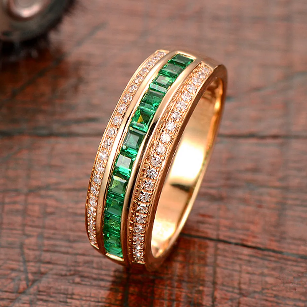 Diamond and Emerald Three Row Wedding Ring