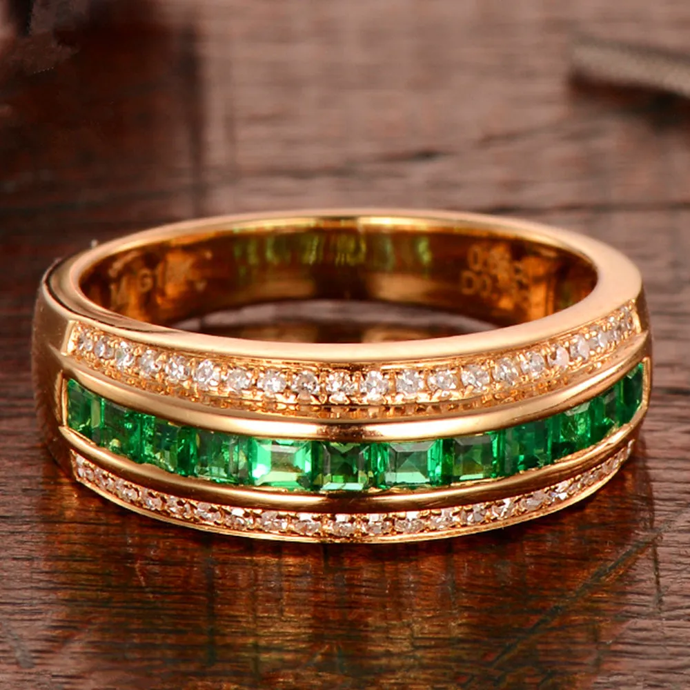 Diamond and Emerald Three Row Wedding Ring