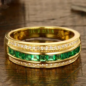 Diamond and Emerald Three Row Wedding Ring