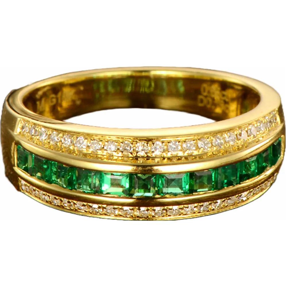 Diamond and Emerald Three Row Wedding Ring