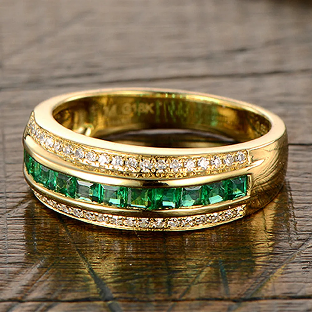 Diamond and Emerald Three Row Wedding Ring