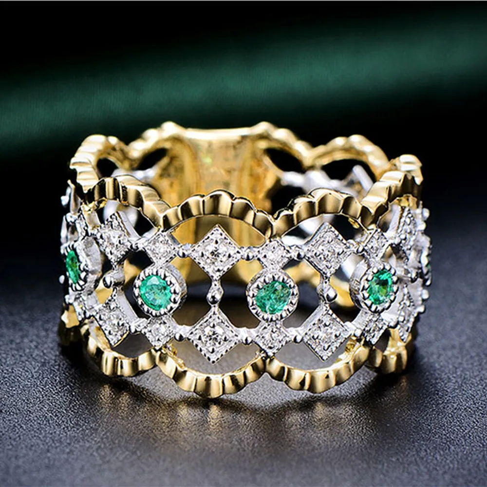 Diamond and Green Emerald Lace Design Wide Ring