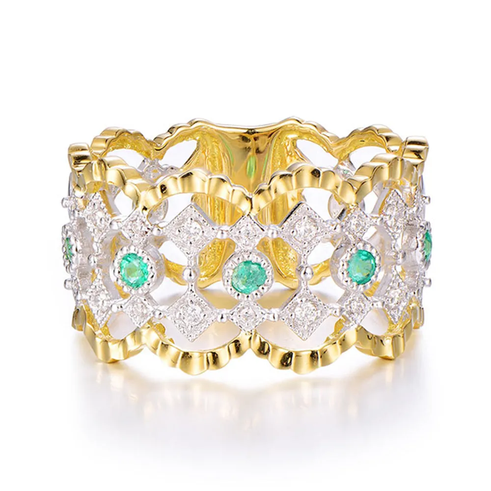 Diamond and Green Emerald Lace Design Wide Ring