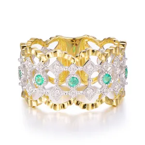 Diamond and Green Emerald Lace Design Wide Ring