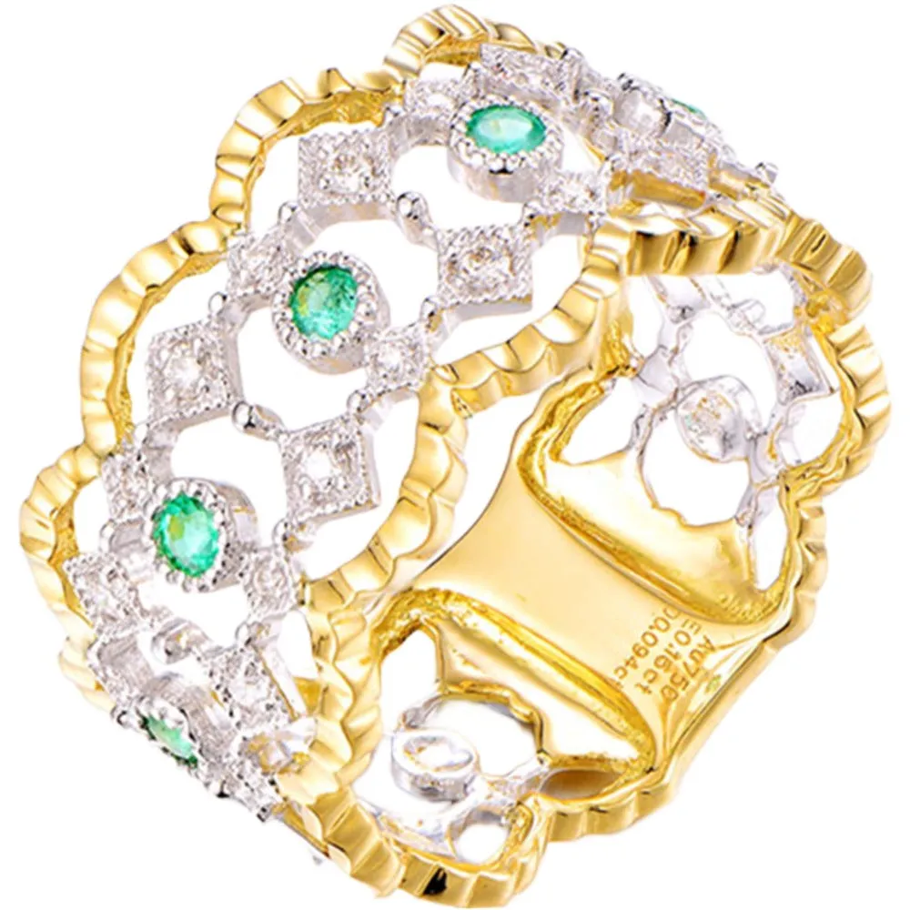 Diamond and Green Emerald Lace Design Wide Ring