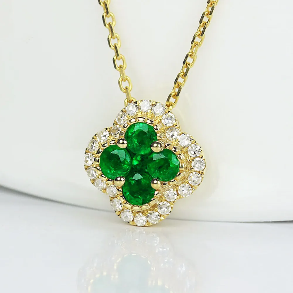 Diamond Emerald Lucky Clover Four Leaf Necklace