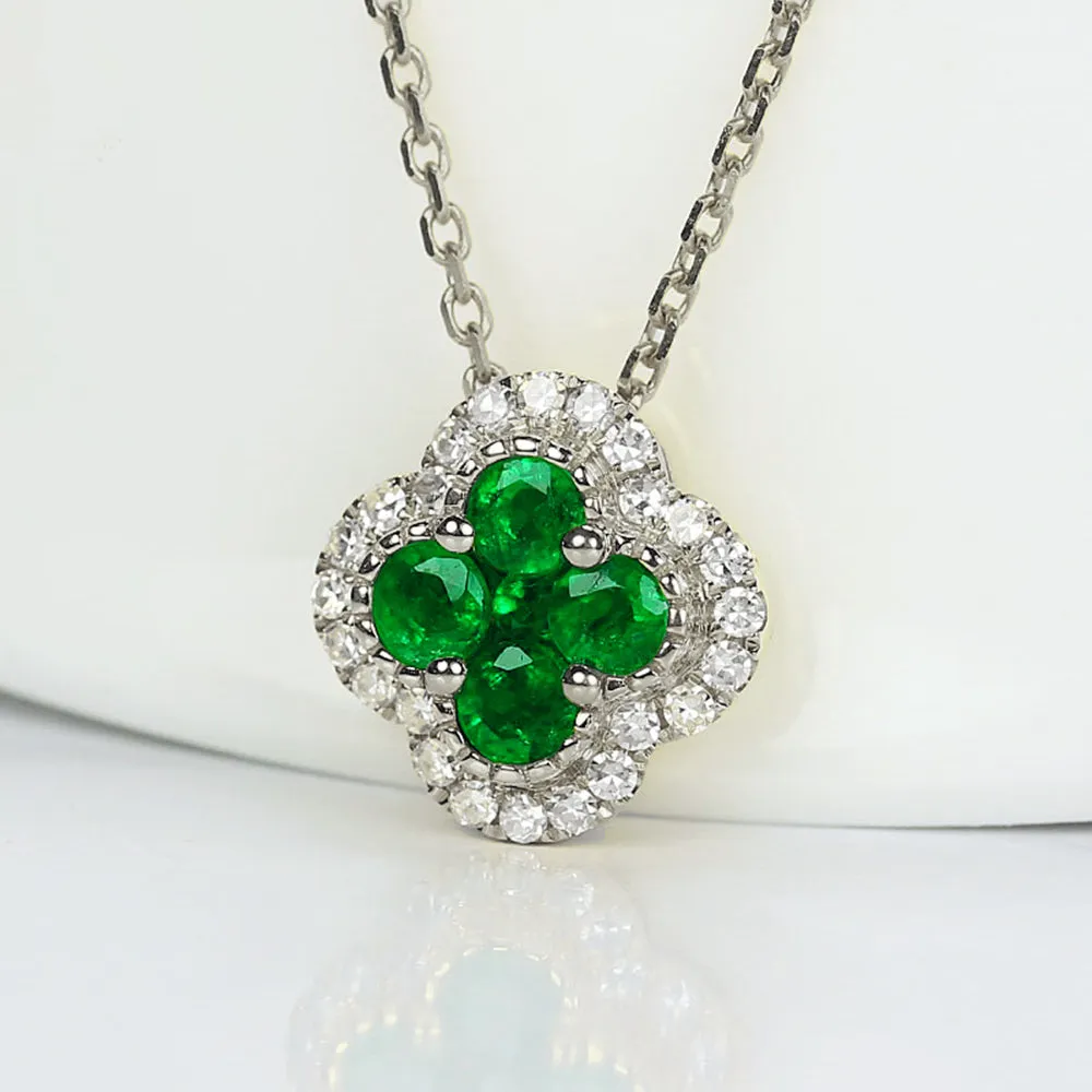 Diamond Emerald Lucky Clover Four Leaf Necklace