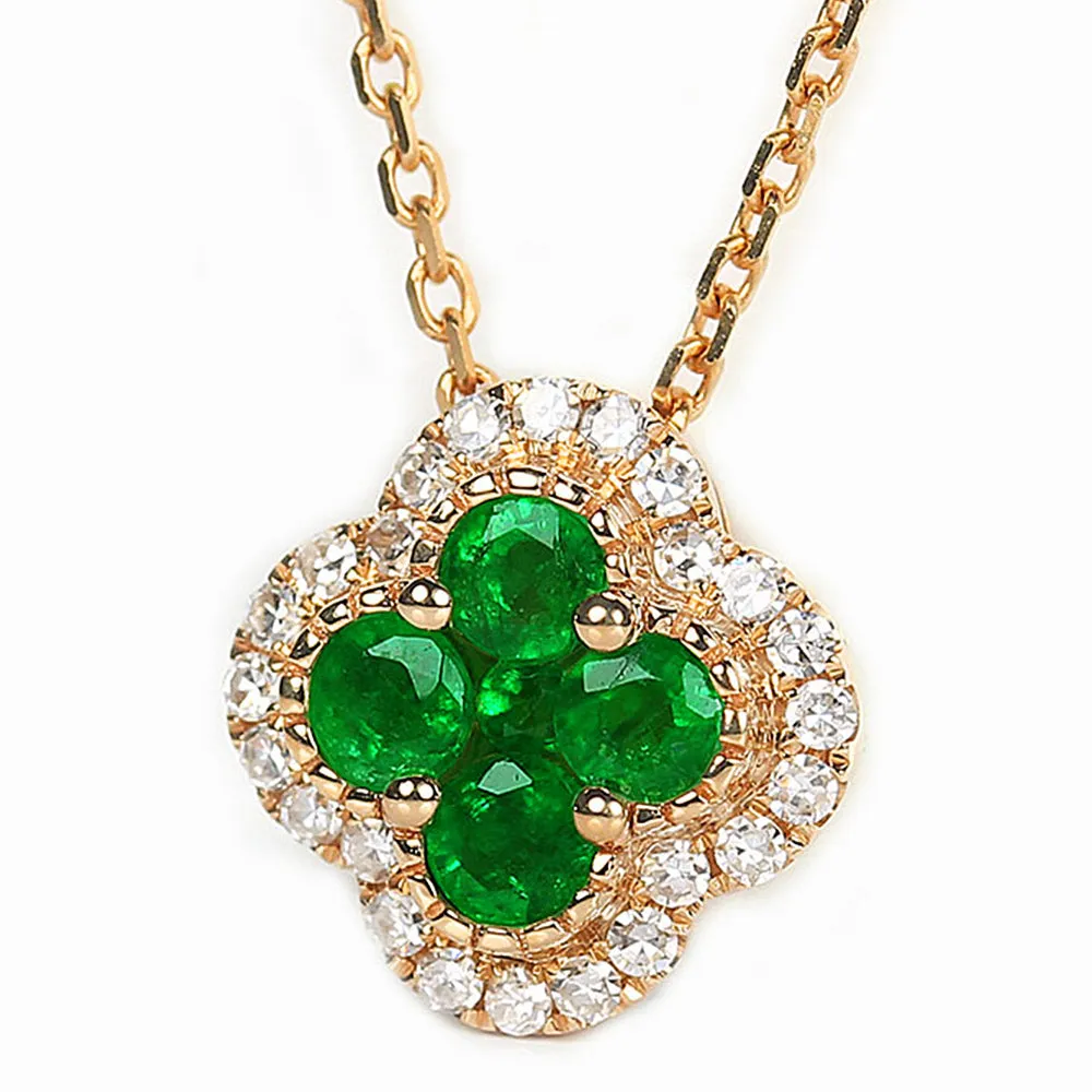 Diamond Emerald Lucky Clover Four Leaf Necklace