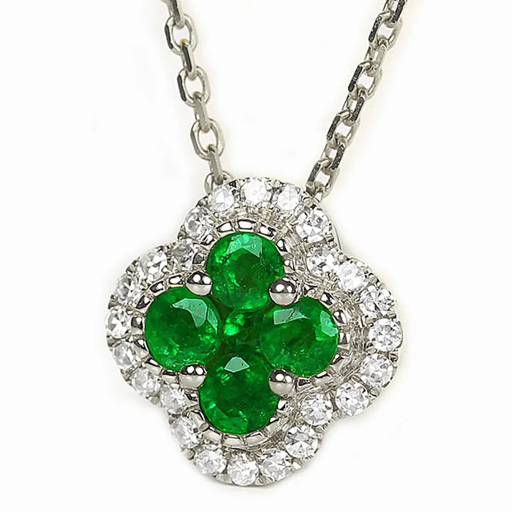 Diamond Emerald Lucky Clover Four Leaf Necklace