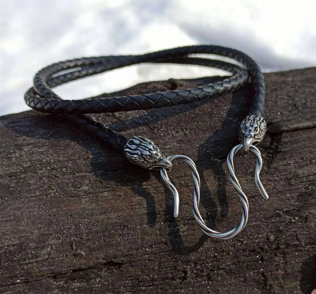 Eagle braided leather necklace with Silver plated clasps