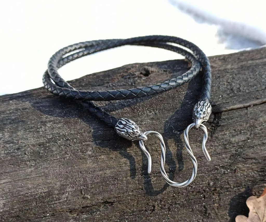 Eagle braided leather necklace with Silver plated clasps