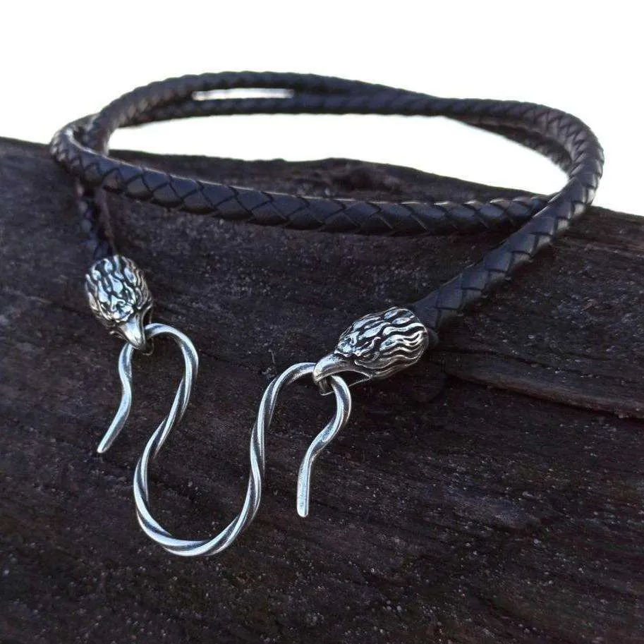 Eagle braided leather necklace with Silver plated clasps