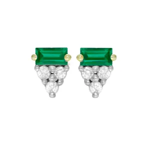 Emerald Baguette and Diamond Trio Pavé Stud Earrings, 14k