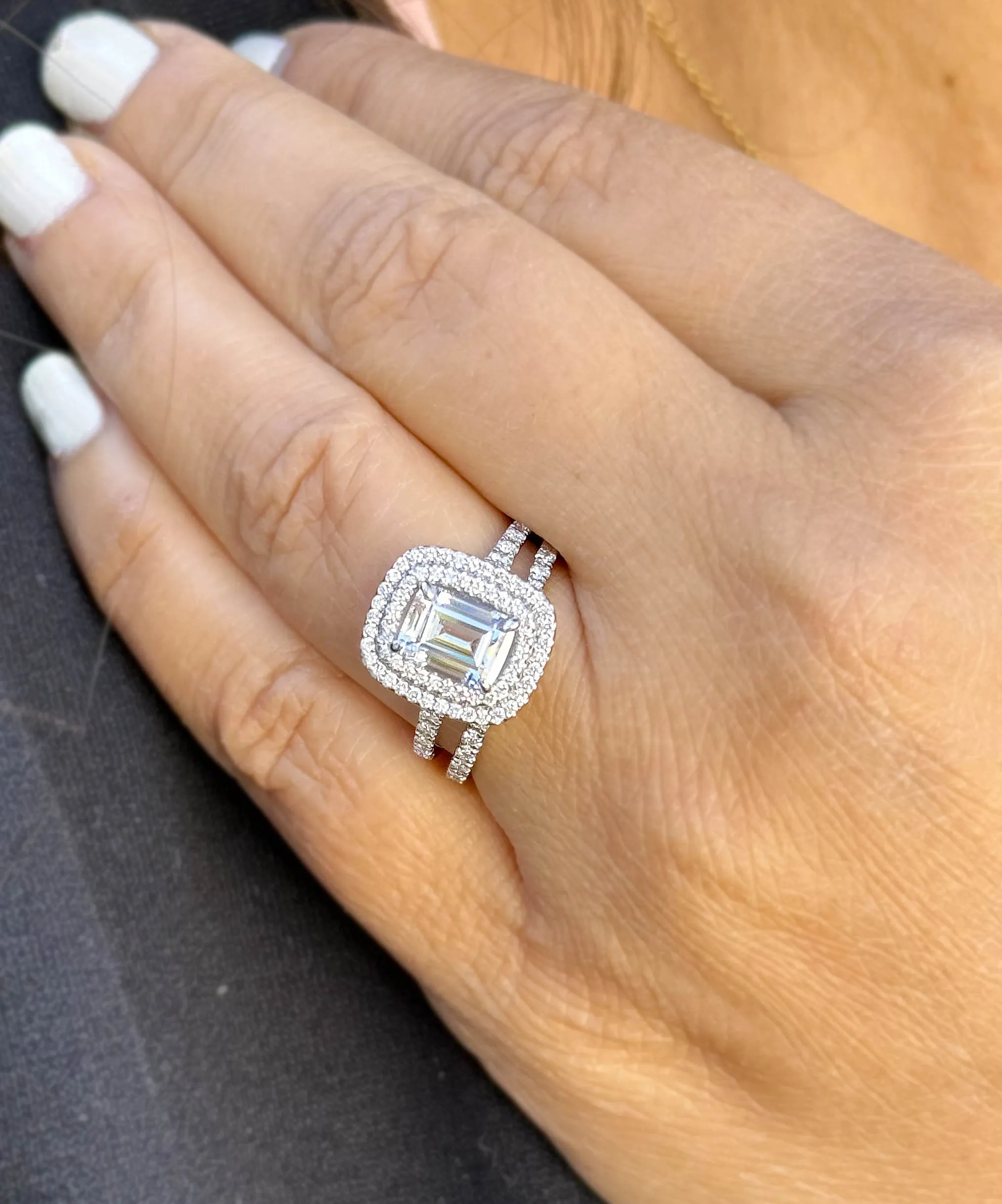 Emerald Cut Moissanite And Round Cut Sides Engagement Ring And Matching Band Double Halo Set In 14k Solid White Gold Wedding Ring 2.75ctw