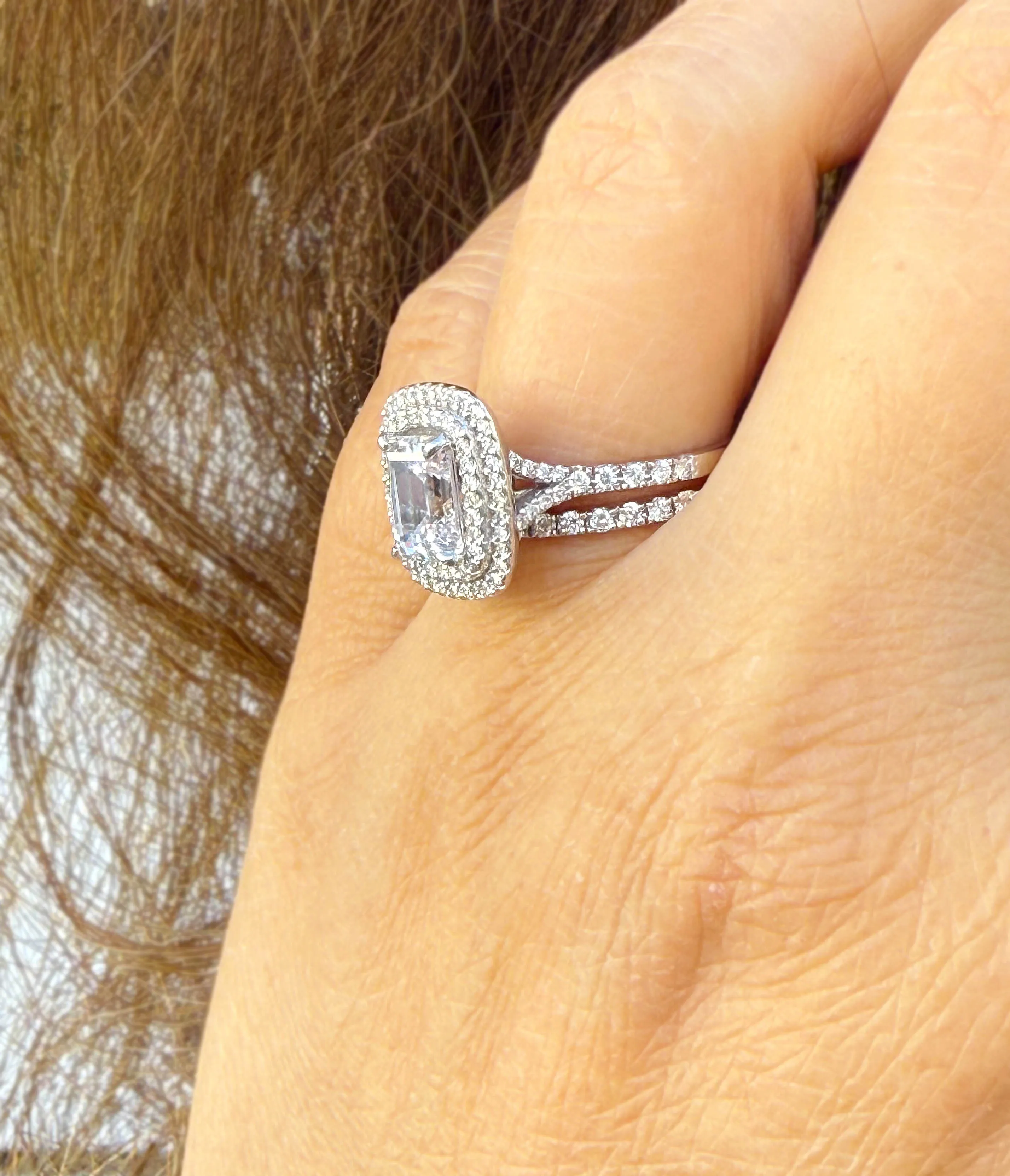 Emerald Cut Moissanite And Round Cut Sides Engagement Ring And Matching Band Double Halo Set In 14k Solid White Gold Wedding Ring 2.75ctw