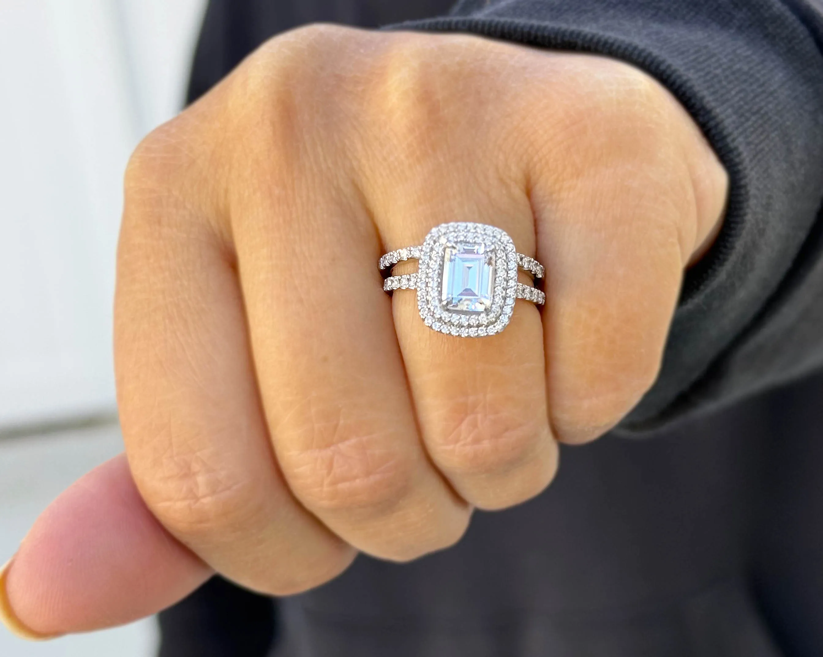 Emerald Cut Moissanite And Round Cut Sides Engagement Ring And Matching Band Double Halo Set In 14k Solid White Gold Wedding Ring 2.75ctw